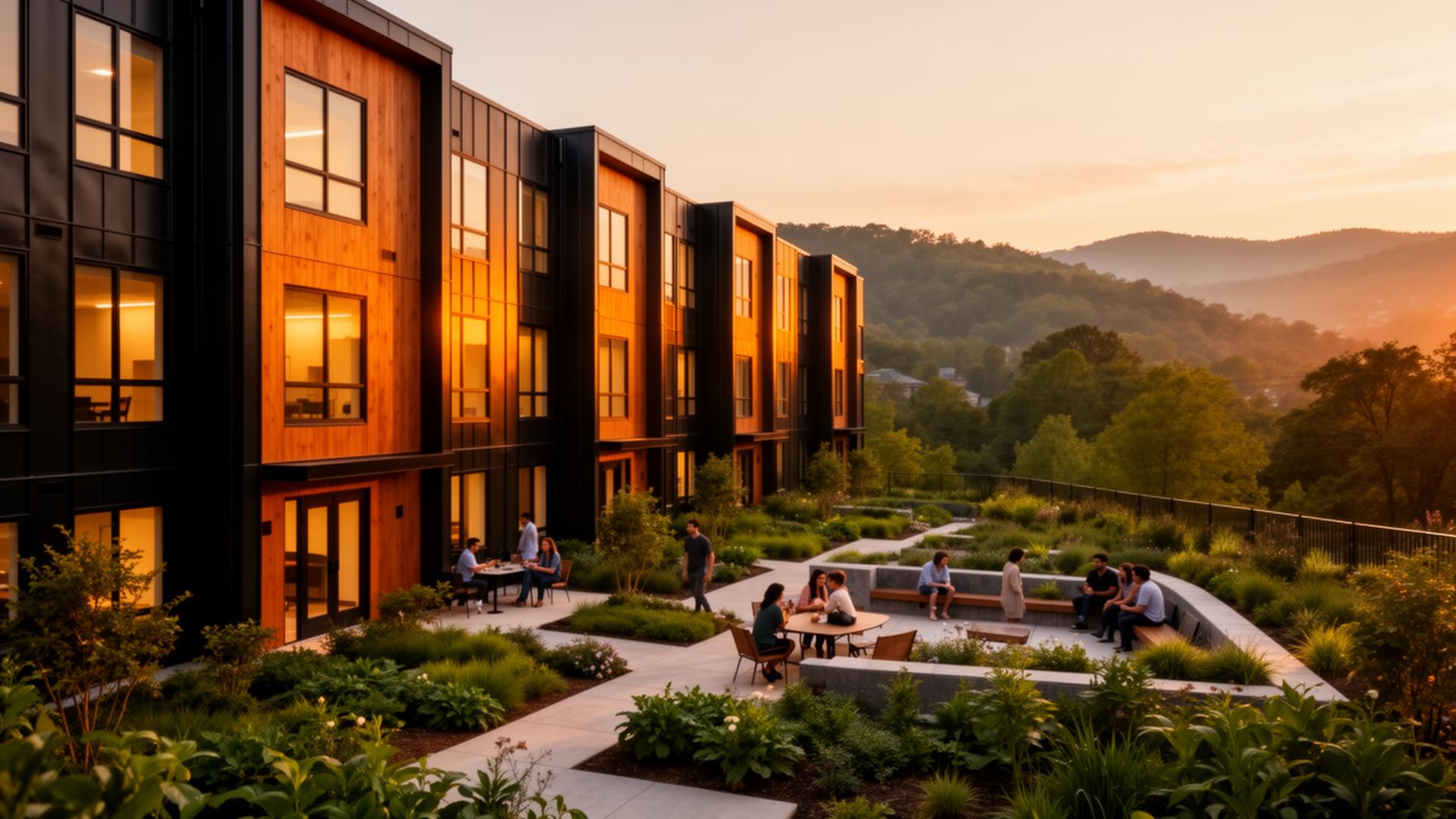 Multi-unit residential courtyard at golden hour, residents gathered outside in a landscaped garden in Greater Chattanooga